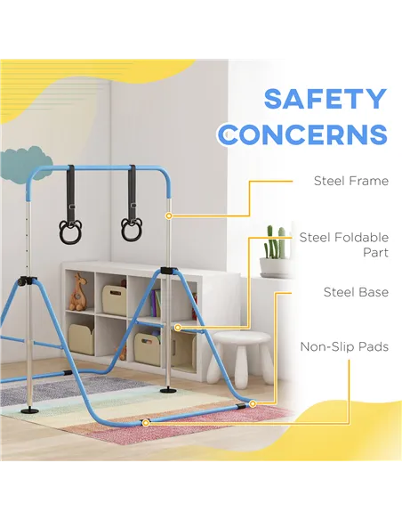 HOMCOM Adjustable Height, Foldable Kids Gymnastics Bar w/ Non-slip Rubber Floor Rings, for 3+ Years, Blue