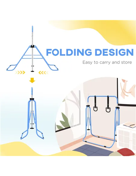 HOMCOM Adjustable Height, Foldable Kids Gymnastics Bar w/ Non-slip Rubber Floor Rings, for 3+ Years, Blue