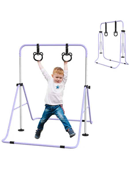 HOMCOM Adjustable Height, Foldable Kids Gymnastics Bar w/ Non-slip Rubber Floor Rings, for 3+ Years, Purple
