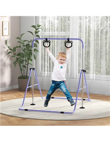 HOMCOM Adjustable Height, Foldable Kids Gymnastics Bar w/ Non-slip Rubber Floor Rings, for 3+ Years, Purple