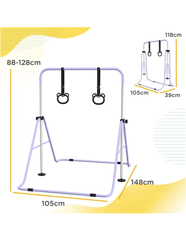 HOMCOM Adjustable Height, Foldable Kids Gymnastics Bar w/ Non-slip Rubber Floor Rings, for 3+ Years, Purple