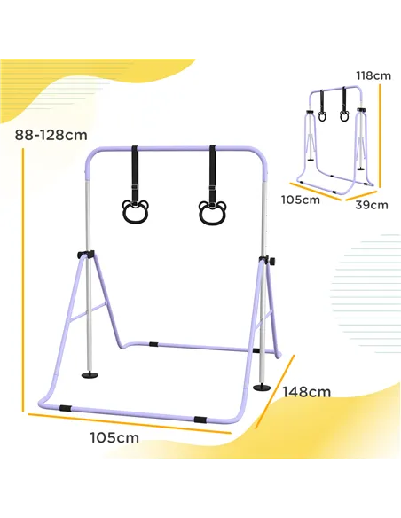 HOMCOM Adjustable Height, Foldable Kids Gymnastics Bar w/ Non-slip Rubber Floor Rings, for 3+ Years, Purple