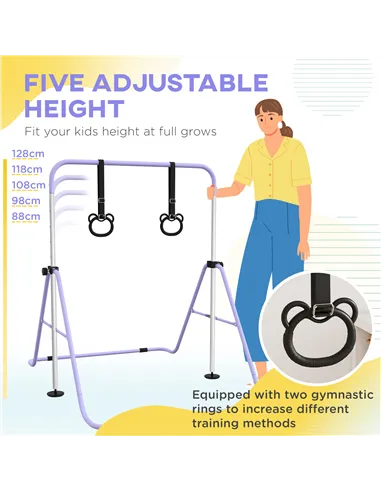 HOMCOM Adjustable Height, Foldable Kids Gymnastics Bar w/ Non-slip Rubber Floor Rings, for 3+ Years, Purple