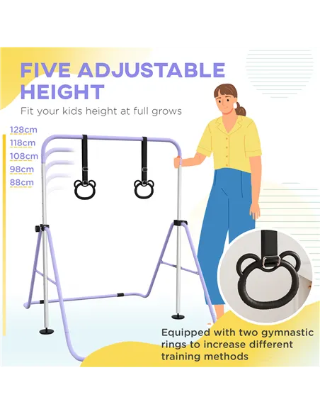 HOMCOM Adjustable Height, Foldable Kids Gymnastics Bar w/ Non-slip Rubber Floor Rings, for 3+ Years, Purple