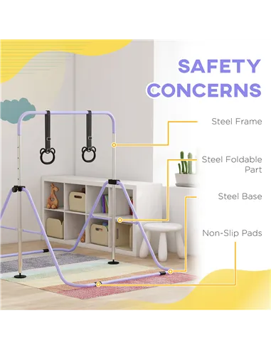 HOMCOM Adjustable Height, Foldable Kids Gymnastics Bar w/ Non-slip Rubber Floor Rings, for 3+ Years, Purple