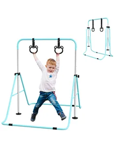 HOMCOM Adjustable Height, Foldable Kids Gymnastics Bar w/ Non-slip Rubber Floor Rings, for 3+ Years, Green