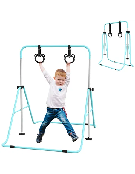 HOMCOM Adjustable Height, Foldable Kids Gymnastics Bar w/ Non-slip Rubber Floor Rings, for 3+ Years, Green