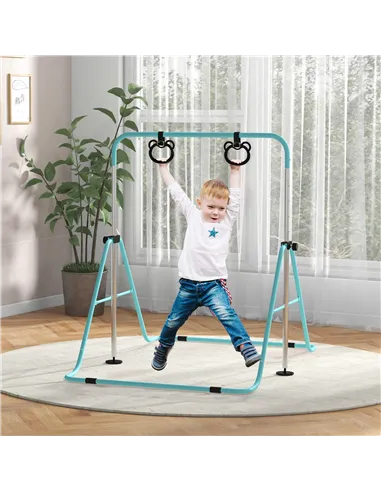 HOMCOM Adjustable Height, Foldable Kids Gymnastics Bar w/ Non-slip Rubber Floor Rings, for 3+ Years, Green