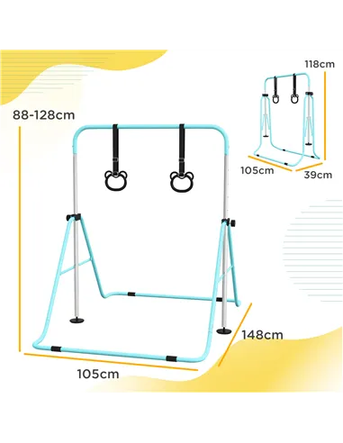 HOMCOM Adjustable Height, Foldable Kids Gymnastics Bar w/ Non-slip Rubber Floor Rings, for 3+ Years, Green