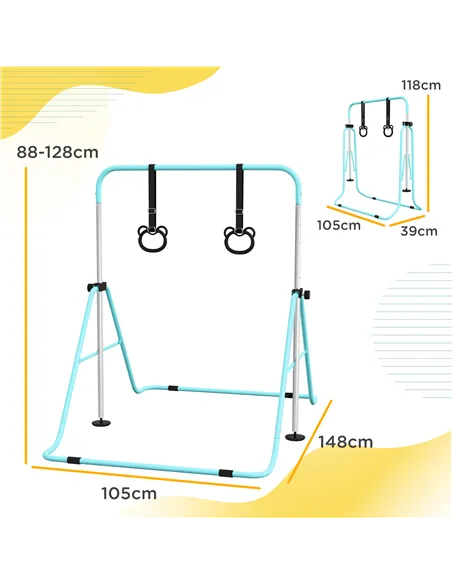 HOMCOM Adjustable Height, Foldable Kids Gymnastics Bar w/ Non-slip Rubber Floor Rings, for 3+ Years, Green