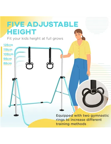 HOMCOM Adjustable Height, Foldable Kids Gymnastics Bar w/ Non-slip Rubber Floor Rings, for 3+ Years, Green