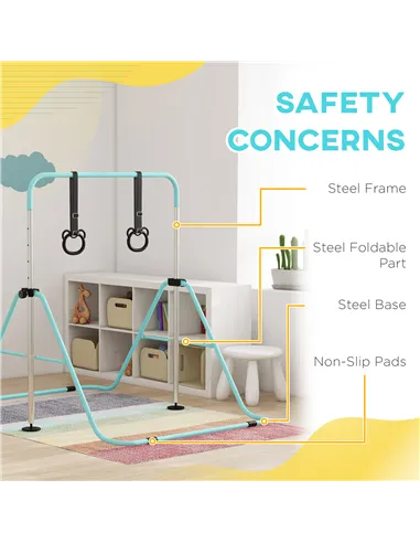 HOMCOM Adjustable Height, Foldable Kids Gymnastics Bar w/ Non-slip Rubber Floor Rings, for 3+ Years, Green