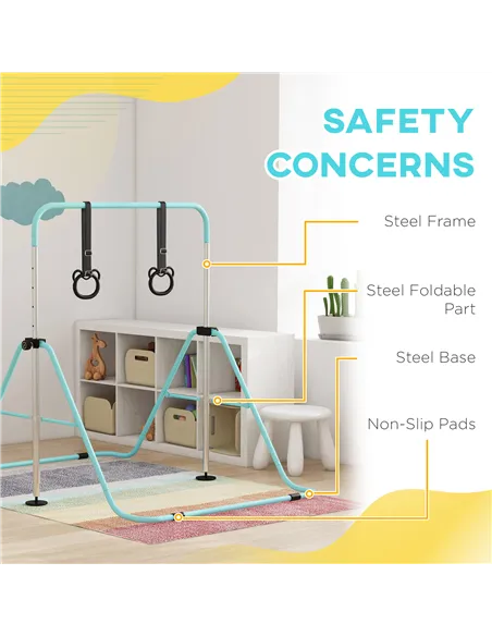 HOMCOM Adjustable Height, Foldable Kids Gymnastics Bar w/ Non-slip Rubber Floor Rings, for 3+ Years, Green