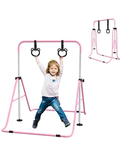 HOMCOM Adjustable Height, Foldable Kids Gymnastics Bar w/ Non-slip Rubber Floor Rings, for 3+ Years, Pink
