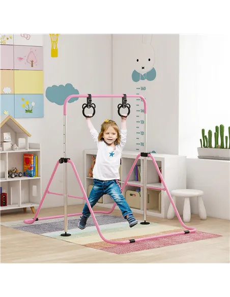 HOMCOM Adjustable Height, Foldable Kids Gymnastics Bar w/ Non-slip Rubber Floor Rings, for 3+ Years, Pink