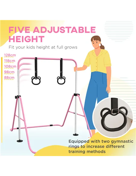 HOMCOM Adjustable Height, Foldable Kids Gymnastics Bar w/ Non-slip Rubber Floor Rings, for 3+ Years, Pink