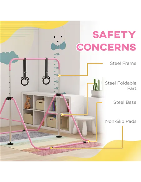 HOMCOM Adjustable Height, Foldable Kids Gymnastics Bar w/ Non-slip Rubber Floor Rings, for 3+ Years, Pink