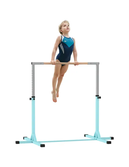 HOMCOM Height Adjustable Gymnastics Horizontal Bar for Kids, Children Junior Kip High Bar Fitness, Light Blue
