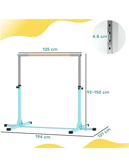 HOMCOM Height Adjustable Gymnastics Horizontal Bar for Kids, Children Junior Kip High Bar Fitness, Light Blue