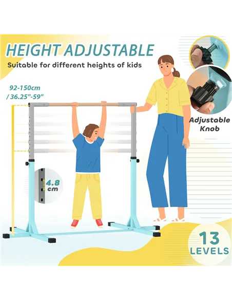 HOMCOM Height Adjustable Gymnastics Horizontal Bar for Kids, Children Junior Kip High Bar Fitness, Light Blue