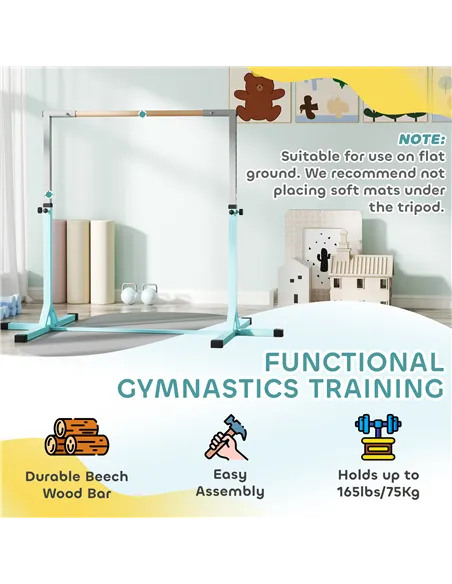 HOMCOM Height Adjustable Gymnastics Horizontal Bar for Kids, Children Junior Kip High Bar Fitness, Light Blue