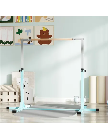 HOMCOM Height Adjustable Gymnastics Horizontal Bar for Kids, Children Junior Kip High Bar Fitness, Light Blue