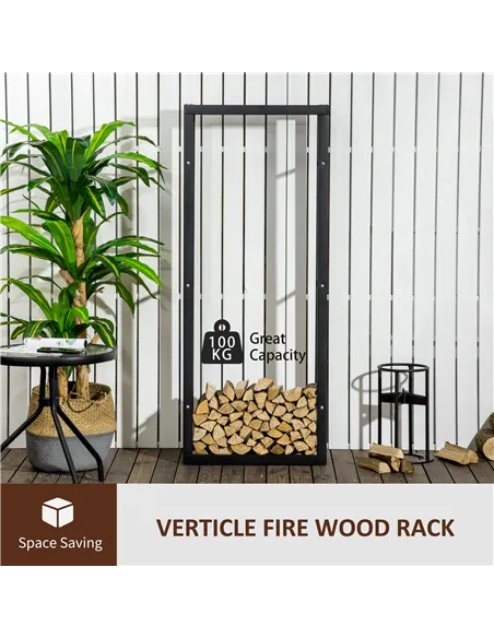 HOMCOM Metal Firewood Log Holder Tall Firewood Rack Indoor Outdoor Fireplace Wood Storage Shelf, Black, 60Wx25Dx150Hcm