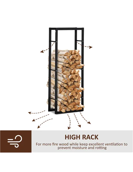 HOMCOM Metal Firewood Log Holder Tall Firewood Rack Indoor Outdoor Fireplace Wood Storage Shelf, Black, 60Wx25Dx150Hcm