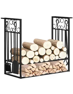 HOMCOM Steel Firewood Log Holder Indoor Outdoor Firewood Rack Fireplace Wood Storage Shelf with 4 Tools, Hooks, Scrolls, Rust-Re