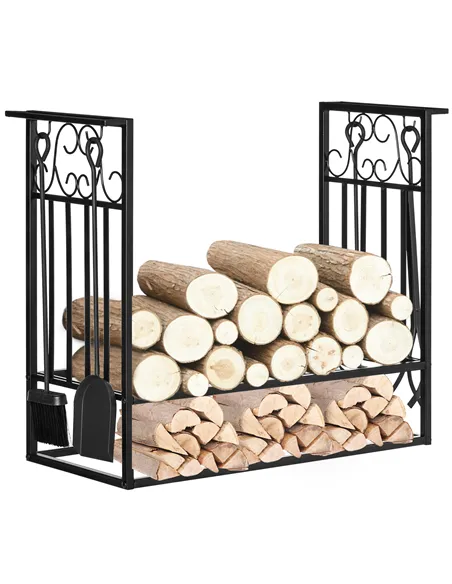 HOMCOM Steel Firewood Log Holder Indoor Outdoor Firewood Rack Fireplace Wood Storage Shelf with 4 Tools, Hooks, Scrolls, Rust-Re