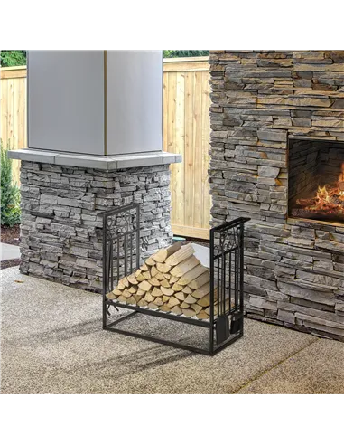 HOMCOM Steel Firewood Log Holder Indoor Outdoor Firewood Rack Fireplace Wood Storage Shelf with 4 Tools, Hooks, Scrolls, Rust-Re
