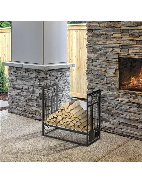 HOMCOM Steel Firewood Log Holder Indoor Outdoor Firewood Rack Fireplace Wood Storage Shelf with 4 Tools, Hooks, Scrolls, Rust-Re