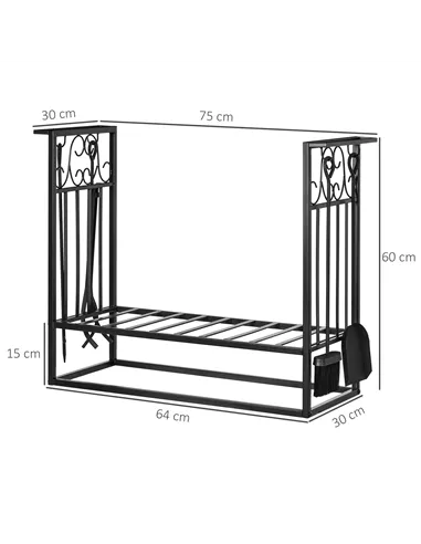 HOMCOM Steel Firewood Log Holder Indoor Outdoor Firewood Rack Fireplace Wood Storage Shelf with 4 Tools, Hooks, Scrolls, Rust-Re