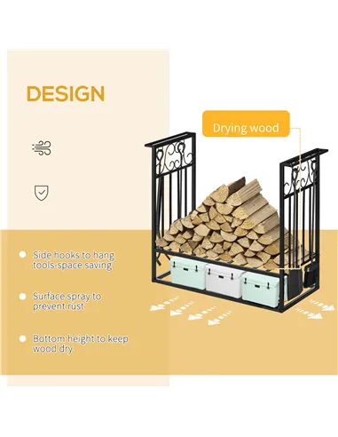 HOMCOM Steel Firewood Log Holder Indoor Outdoor Firewood Rack Fireplace Wood Storage Shelf with 4 Tools, Hooks, Scrolls, Rust-Re