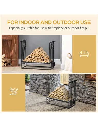 HOMCOM Steel Firewood Log Holder Indoor Outdoor Firewood Rack Fireplace Wood Storage Shelf with 4 Tools, Hooks, Scrolls, Rust-Re