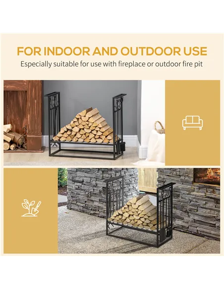 HOMCOM Steel Firewood Log Holder Indoor Outdoor Firewood Rack Fireplace Wood Storage Shelf with 4 Tools, Hooks, Scrolls, Rust-Re