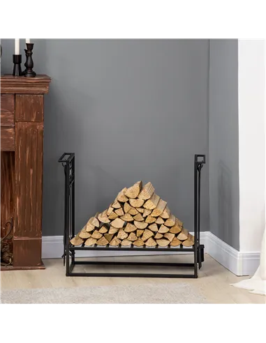 HOMCOM Steel Firewood Log Holder Indoor Outdoor Firewood Rack Fireplace Wood Storage Shelf with 4 Tools, Hooks, Scrolls, Rust-Re