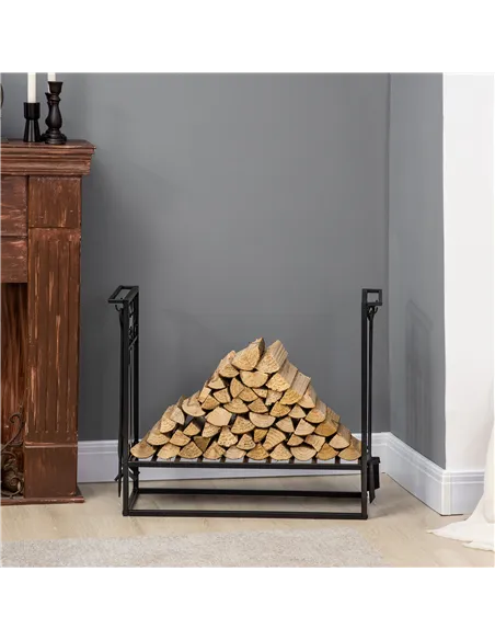 HOMCOM Steel Firewood Log Holder Indoor Outdoor Firewood Rack Fireplace Wood Storage Shelf with 4 Tools, Hooks, Scrolls, Rust-Re