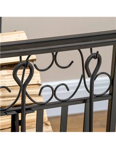 HOMCOM Steel Firewood Log Holder Indoor Outdoor Firewood Rack Fireplace Wood Storage Shelf with 4 Tools, Hooks, Scrolls, Rust-Re