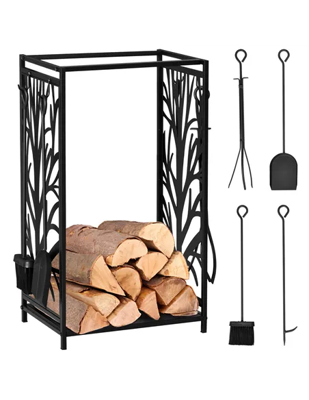 HOMCOM Steel Firewood Log Holder Indoor Outdoor Firewood Rack Fireplace Wood Storage Shelf with 4 Tools, Hooks, Tree Pattern Des