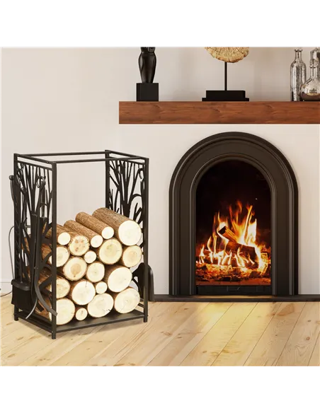 HOMCOM Steel Firewood Log Holder Indoor Outdoor Firewood Rack Fireplace Wood Storage Shelf with 4 Tools, Hooks, Tree Pattern Des