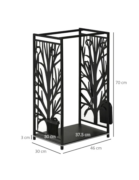 HOMCOM Steel Firewood Log Holder Indoor Outdoor Firewood Rack Fireplace Wood Storage Shelf with 4 Tools, Hooks, Tree Pattern Des