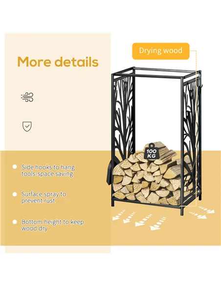 HOMCOM Steel Firewood Log Holder Indoor Outdoor Firewood Rack Fireplace Wood Storage Shelf with 4 Tools, Hooks, Tree Pattern Des