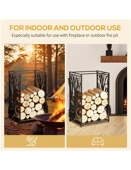 HOMCOM Steel Firewood Log Holder Indoor Outdoor Firewood Rack Fireplace Wood Storage Shelf with 4 Tools, Hooks, Tree Pattern Des