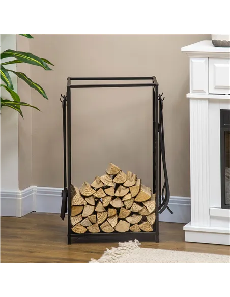HOMCOM Steel Firewood Log Holder Indoor Outdoor Firewood Rack Fireplace Wood Storage Shelf with 4 Tools, Hooks, Tree Pattern Des