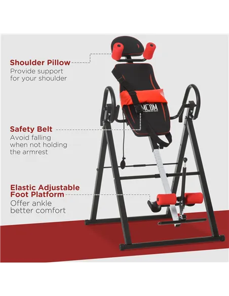 HOMCOM Gravity Inversion Table with Safety Belt Adjustable Hand Stand for Muscle Pain Relief, Red