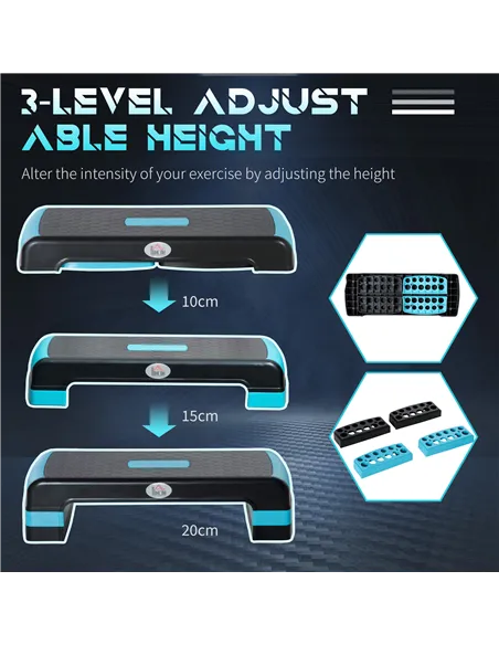 HOMCOM Aerobic Step with 3-Level Adjustable Heights for Home, Office Exercise, Black and Blue