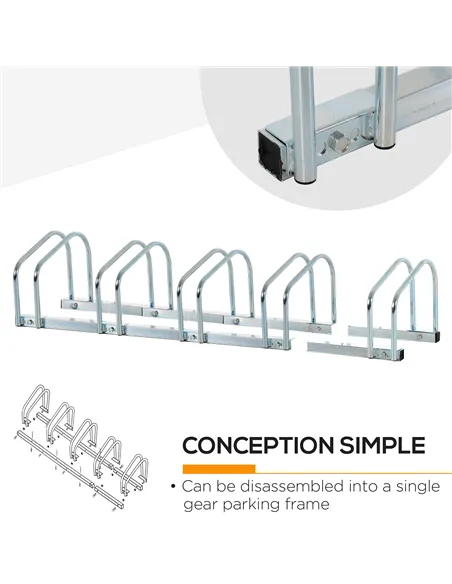 HOMCOM Bike Stand Parking Rack Floor or Wall Mount Bicycle Cycle Storage Locking Stand (5 Racks, Silver)