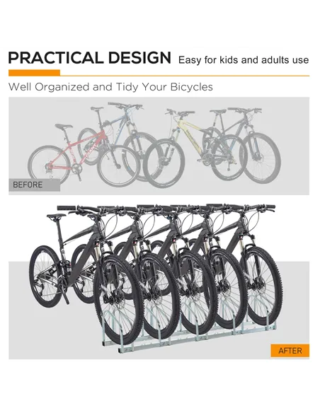 HOMCOM Bike Stand Parking Rack Floor or Wall Mount Bicycle Cycle Storage Locking Stand (5 Racks, Silver)