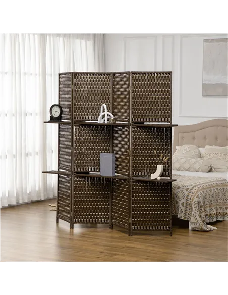 HOMCOM 4-Panel Room Dividers with Shelves, Wave Fibre Freestanding Folding Privacy Screen Panels, Partition Wall Divider for Ind
